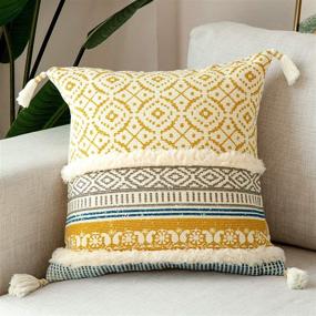 img 4 attached to 🌼 Yellow Boho Tufted Throw Pillow Covers for Couch Sofa Bed - Modern Moroccan Style with Tassels, Accent Decor Pillow for Bedroom Living Room - 18x18 Inches
