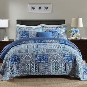 img 4 attached to 🛏️ NEWLAKE Reversible Patchwork Cotton Bedspread Quilt Set - Blue Classic Bohemian Pattern Coverlet - Queen Size