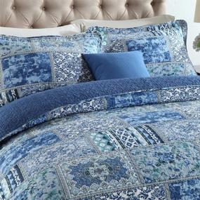 img 3 attached to 🛏️ NEWLAKE Reversible Patchwork Cotton Bedspread Quilt Set - Blue Classic Bohemian Pattern Coverlet - Queen Size