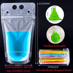 img 3 attached to 100 PCS Drink Pouches, YFZYT Double Zipper Frosted Drink Bags for Cold & Hot Drinks - Anti-Leak & Resealable. Includes 100 PCS Individually Wrapped Plastic Straws, Funnel Included. Capacity: 17OZ/500ML