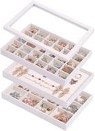 📦 stackable jewelry trays organizer set with clear lid - drawer trays for earrings, necklaces, bracelets, rings - beige (includes ring tray, 12 grid tray, 30 grid tray, and glass lid) logo
