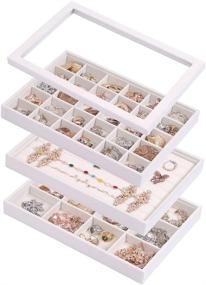 img 4 attached to 📦 Stackable Jewelry Trays Organizer Set with Clear Lid - Drawer Trays for Earrings, Necklaces, Bracelets, Rings - Beige (Includes Ring Tray, 12 Grid Tray, 30 Grid Tray, and Glass Lid)