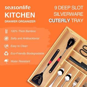 img 1 attached to 🍴 Bamboo Kitchen Drawer Organizer with 9 Adjustable Slots - Expandable Cutlery Tray for Silverware, Utensils, and Flatware Holder - Includes Drawer Dividers and Silicone Mats - Ideal for Kitchen and Living Room