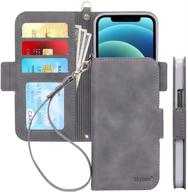 skycase iphone 12/12 pro 5g rfid blocking wallet case with card slots and hand strap - grey logo