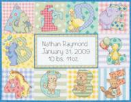 👶 personalized baby gift: zoo alphabet birth record cross stitch kit – dimensions, 14 count aida fabric, 12" x 9 logo