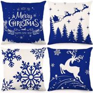 🎄 наволочки cdwerd с синим рождественским принтом, 18x18 - комплект из 4 штук с темно-синими оленями и снежинками, подушечки из хлопкового льна для кровати и дивана. логотип