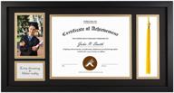 golden state art wood diploma tassel shadow box frame – 11x22 for 8.5x11 certificate & 4x6 photo – with double mat (black over gold), tassel holder, real glass – black логотип