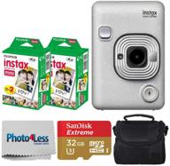 📸 fujifilm instax mini liplay hybrid instant camera bundle: stone white with film, memory card, case, and cleaning cloth logo