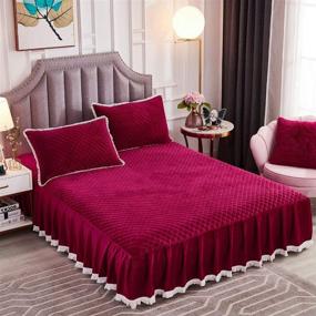 img 4 attached to 🛏️ JAUXIO Diamond Quilted Velvet Bedspread with Ruffles and Tassels – Burgundy King Size Bed Skirt & Fitted Sheet Combo