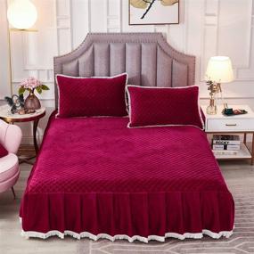img 3 attached to 🛏️ JAUXIO Diamond Quilted Velvet Bedspread with Ruffles and Tassels – Burgundy King Size Bed Skirt & Fitted Sheet Combo