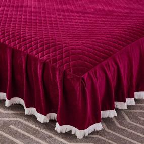 img 2 attached to 🛏️ JAUXIO Diamond Quilted Velvet Bedspread with Ruffles and Tassels – Burgundy King Size Bed Skirt & Fitted Sheet Combo