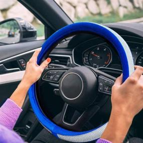 img 2 attached to 💎 Valleycomfy Crystal Diamond Steering Wheel Cover: Soft Velvet Feel Bling Wheel Cover for Women - Blue, Universal 15 inch Plush Design