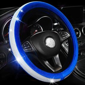 img 4 attached to 💎 Valleycomfy Crystal Diamond Steering Wheel Cover: Soft Velvet Feel Bling Wheel Cover for Women - Blue, Universal 15 inch Plush Design