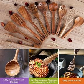 img 2 attached to 🌲 Natural Teak Wood Utensils Set for Cooking - Nonstick Wooden Kitchen Utensils, Including Spoons, Spatula, and Ladle (10-Piece Set)