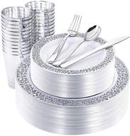 🍽️ nervure 150pcs silver plastic plates - disposable silver lace plates sets for 25 guests: includes 25 dinner plates, 25 dessert plates, 25 forks, 25 knives, 25 spoons, 25 cups for christmas, parties, and events logo