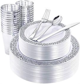 img 4 attached to 🍽️ Nervure 150PCS Silver Plastic Plates - Disposable Silver Lace Plates Sets for 25 Guests: Includes 25 Dinner Plates, 25 Dessert Plates, 25 Forks, 25 Knives, 25 Spoons, 25 Cups for Christmas, Parties, and Events