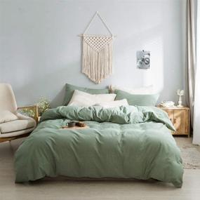 img 4 attached to 🌿 Luxury Green Duvet Set: 100% Yarn Dyed Washed Cotton, Soft & Wrinkle-Free, Queen Size