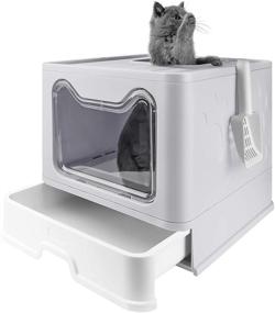 img 4 attached to 🐱 Bolux Extra Large Foldable Cat Litter Box with Lid, Includes Scoop – Drawer Style, Easy to Scoop &amp; Minimizes Tracking – Gray, 20&#34; L x 16&#34; W x 15&#34; H