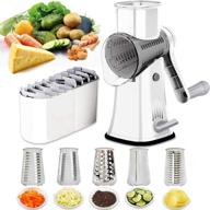 5-in-1 rotary cheese grater shredder: tumbling box mandoline slicer, julienne cutter, waffle cutter, nut chopper - with handle & strong suction base logo