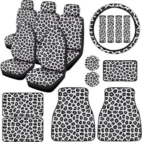 img 4 attached to 🐆 White Leopard 19-Piece Car Accessories Set: Stylish and Protective Covers for Seat, Steering Wheel, Seat Belt, Floor, Coasters, and Armrest Pad