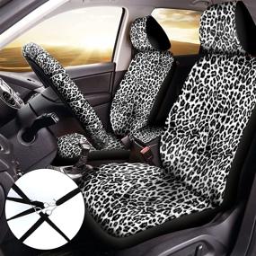 img 3 attached to 🐆 White Leopard 19-Piece Car Accessories Set: Stylish and Protective Covers for Seat, Steering Wheel, Seat Belt, Floor, Coasters, and Armrest Pad