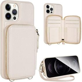 img 4 attached to ZVE Wallet Case Совместимый с iPhone 12 Pro Max - Бежевый: Стильный кожаный кошелек с карманом для карт, ремешком на запястье и полной защитой для женщин.