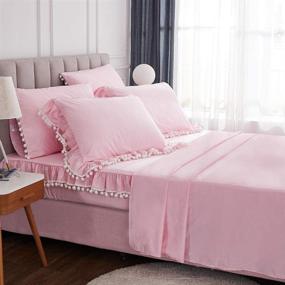 img 4 attached to 🛏️ FADFAY Blush Pink Twin Size Sheets - 100% Cotton, Hypoallergenic, Pom Pom Kids Girls Ruffled Deep Pocket Fitted Sheet (17.5 Inch) - 4 Piece Set with Ruffle Pillowshams in Pink/Twin