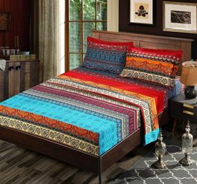 img 2 attached to Bohemian Brushed Cotton Duvet & Fitted Sheet Set Queen Size - 4 Piece Boho Exotic Striped Bedding, Comforter Cover Sets (NO Comforter Included)