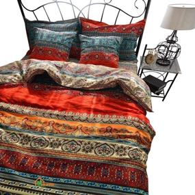 img 4 attached to Bohemian Brushed Cotton Duvet & Fitted Sheet Set Queen Size - 4 Piece Boho Exotic Striped Bedding, Comforter Cover Sets (NO Comforter Included)