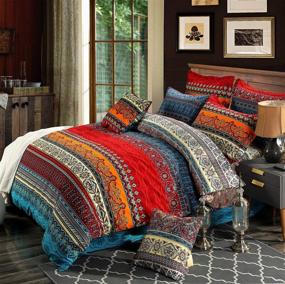 img 3 attached to Bohemian Brushed Cotton Duvet & Fitted Sheet Set Queen Size - 4 Piece Boho Exotic Striped Bedding, Comforter Cover Sets (NO Comforter Included)