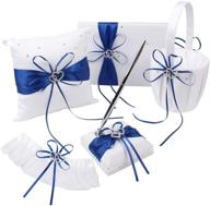 kanech 5pcs sets: elegant blue satin wedding accessories kit with flower girl basket, ring bearer pillow, guest book with pen set, and garter cover логотип