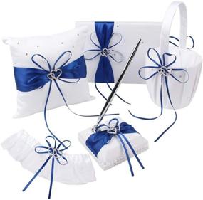 img 4 attached to KANECH 5pcs Sets: Elegant Blue Satin Wedding Accessories Kit with Flower Girl Basket, Ring Bearer Pillow, Guest Book with Pen Set, and Garter Cover