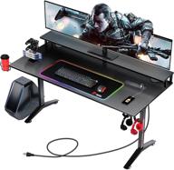 7 warrior gaming desk 60 inch with rgb mouse pad & power outlet, carbon fiber surface gamer desk with monitor stand, ergonomic y shaped gamer table with cup holder, headphone hook, and outlet organizer логотип