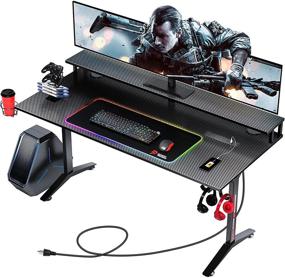 img 4 attached to 7 Warrior Gaming Desk 60 INCH with RGB Mouse Pad & Power Outlet, Carbon Fiber Surface Gamer Desk with Monitor Stand, Ergonomic Y Shaped Gamer Table with Cup Holder, Headphone Hook, and Outlet Organizer