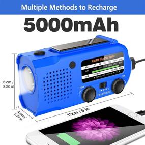 img 2 attached to Лукаса Blue 5000 мАч Портативное ручное солнечное радио с аварийным AM/FM/NOAA погодой, светодиодным фонариком, зарядным устройством для телефона, настольной лампой для чтения, сигналом SOS.