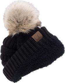 img 3 attached to 🧢 C.C Trendy Warm Soft Cable Knit Ribbed Beanie Hat with Faux Fur Pom Pom, Sherpa Fleece Lining