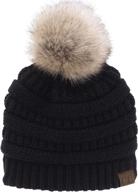 🧢 c.c trendy warm soft cable knit ribbed beanie hat with faux fur pom pom, sherpa fleece lining logo