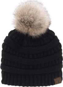 img 4 attached to 🧢 C.C Trendy Warm Soft Cable Knit Ribbed Beanie Hat with Faux Fur Pom Pom, Sherpa Fleece Lining