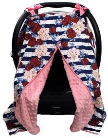 img 4 attached to 🌹 Baby Gear Carseat Canopy with Red Roses, Blush Hibiscus Flowers, Navy White Stripes, and Coral Minky