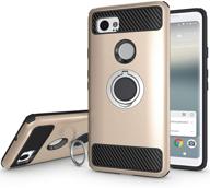 newseego google pixel 2 xl case: dual layer armor 2-in-1 with heavy duty protection, finger ring holder, kickstand & magnetic car mount - golden logo