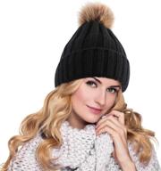 🧣 tavaleu women's winter hats - cable knit beanies with thick pom pom - warm fleece lined soft ski cap in black logo