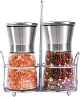 🧂 2-piece salt and pepper grinder set with stainless steel stand | adjustable coarseness salt grinders and mills | refillable salt and pepper mill with ceramic grinding core and durable glass | short size logo