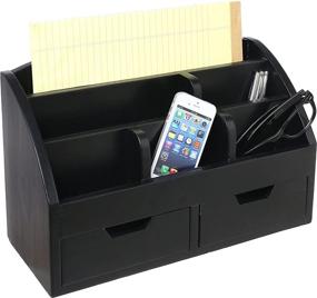 img 3 attached to Modern Black Wood Desktop Organizer with 6 Compartments, 2 Storage Drawers, Office Supplies Holder, Mail Sorter Desk Caddy, Phone Tray