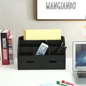 img 1 attached to Modern Black Wood Desktop Organizer with 6 Compartments, 2 Storage Drawers, Office Supplies Holder, Mail Sorter Desk Caddy, Phone Tray