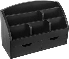 img 4 attached to Modern Black Wood Desktop Organizer with 6 Compartments, 2 Storage Drawers, Office Supplies Holder, Mail Sorter Desk Caddy, Phone Tray