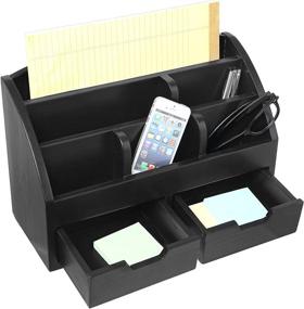 img 2 attached to Modern Black Wood Desktop Organizer with 6 Compartments, 2 Storage Drawers, Office Supplies Holder, Mail Sorter Desk Caddy, Phone Tray