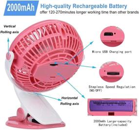 img 3 attached to 🌬️ USB Rechargeable Clip Fan with Stepless Speed, 360 Degree Two Way Rotation, 2000 mAh Battery, Quiet Operation - Ideal for Baby Stroller, Office, Home, and Travel (Pink)