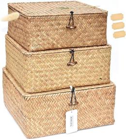 img 4 attached to TICYACK Seagrass Storage Baskets with Lid - Set of 3 (S/M/L) for Organizing Home Decor and Natural Hand-Woven Organizer with 3 Blank Labels