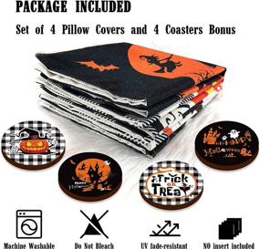 img 1 attached to 🎃 Farmhouse Halloween Decor: Set of 4 Happy Halloween Throw Pillow Covers with Coasters - Buffalo Check Pumpkin Pillows, Ghost Bat Caster, Trick or Treat Decorations (18x18)