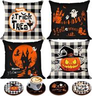 🎃 farmhouse halloween decor: set of 4 happy halloween throw pillow covers with coasters - buffalo check pumpkin pillows, ghost bat caster, trick or treat decorations (18x18) логотип